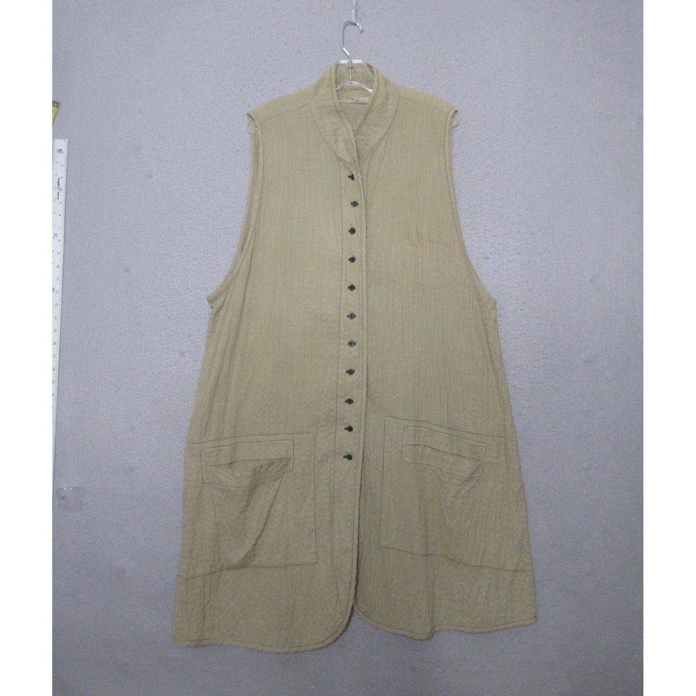 Cynthia Ashby Top Vest XL Linen Long Line Crinkle Button Neutral Lagenlook Artsy